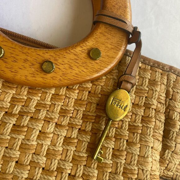Vintage Fossil Purse Beige Brown Straw Woven Bag Handbag Wooden Handle Boho - Picture 2 of 6